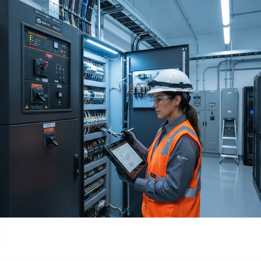 City Engineering technician inspecting a UPS power cabinet